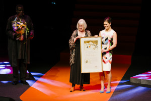 Barbro Lindgren (left) and Crown Princess Victoria of Sweden (right) at the presentation for the 2014 ALMA in Stockholm. Photo: Stefan Tell (Creative Commons)