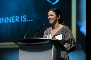 Julie Morstad receiving the 2014 Marilyn Baillie Picture Book Award. Photo courtesy of the Canadian Children’s Book Centre (CCBC).